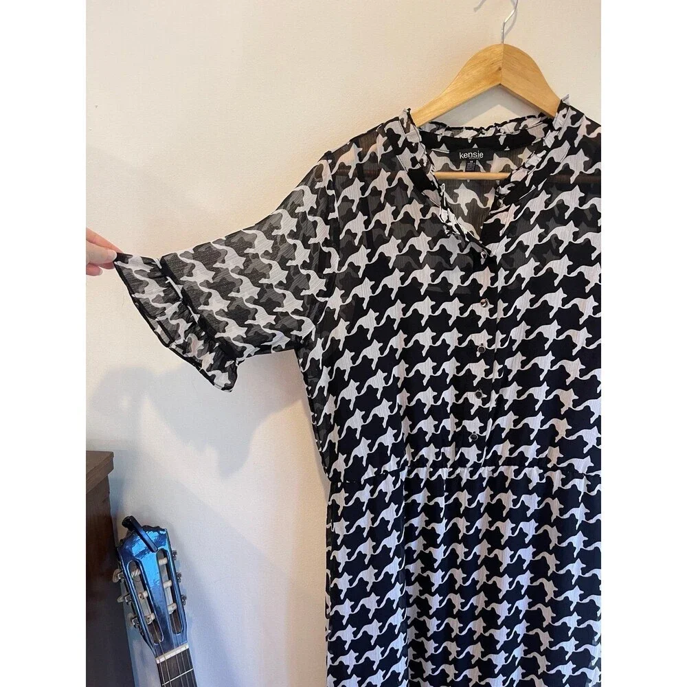 Kenzie Houndstooth Chiffon Lightweight Dress Size 14 - Picture 7 of 9